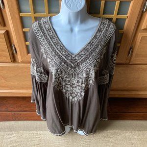 Chelsea & Theodore Taupe Cream  Rayon Boho Peasant Blouse Large Boho